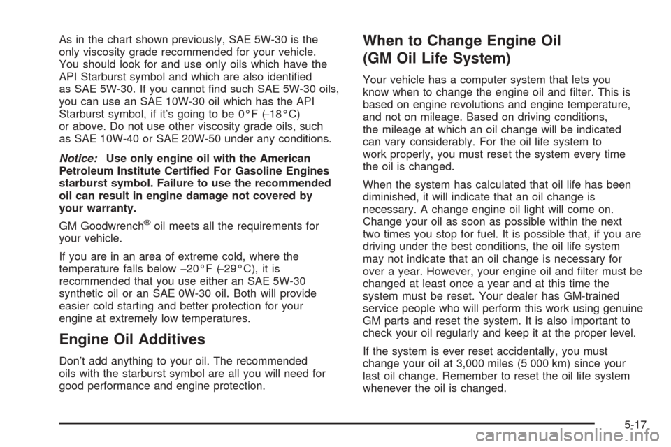 CHEVROLET SSR 2003 1.G Owners Manual As in the chart shown previously, SAE 5W-30 is the
only viscosity grade recommended for your vehicle.
You should look for and use only oils which have the
API Starburst symbol and which are also ident