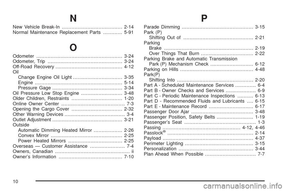 CHEVROLET SSR 2003 1.G User Guide N
New Vehicle Break-In......................................2-14
Normal Maintenance Replacement Parts............5-91
O
Odometer......................................................3-24
Odometer, Tri