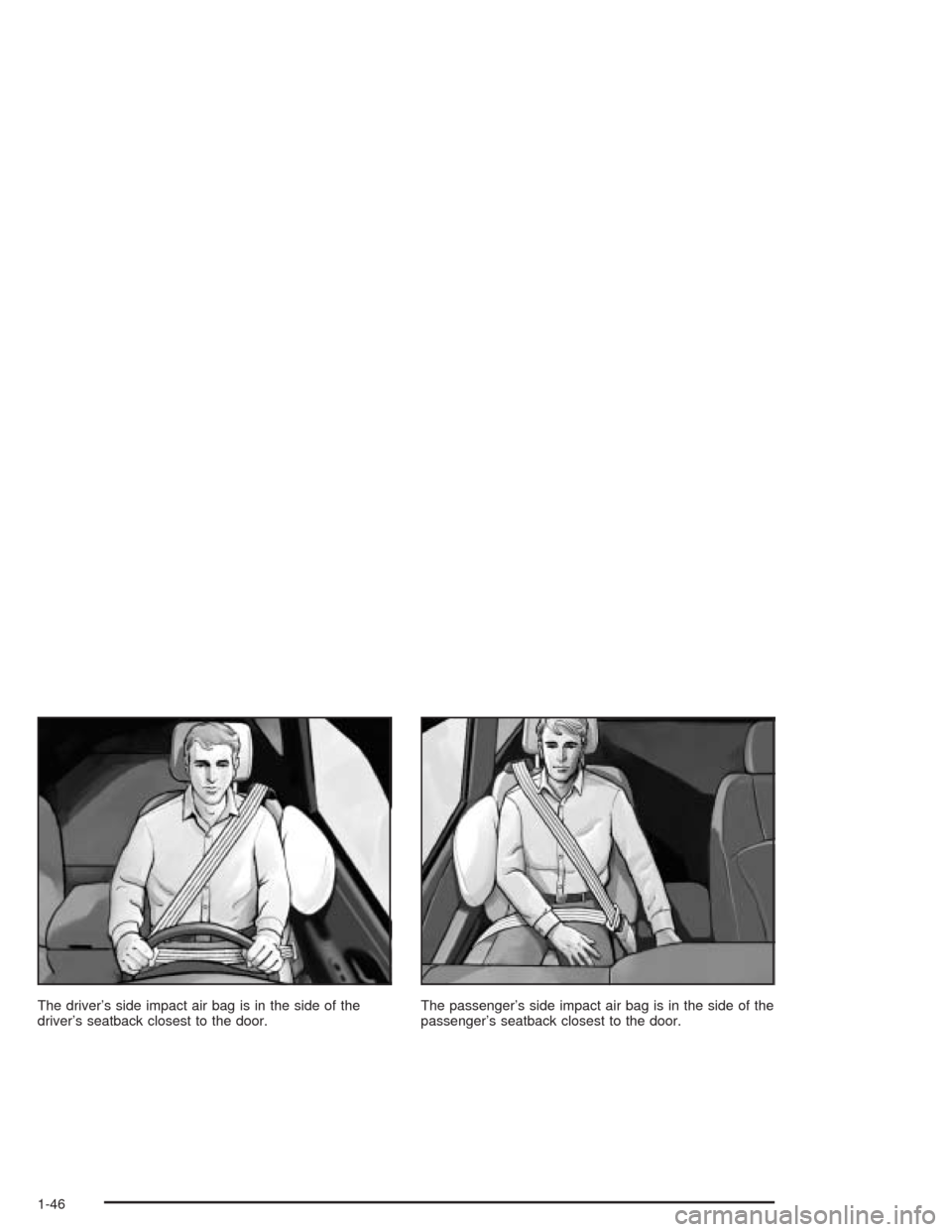 CHEVROLET SSR 2004 1.G Workshop Manual The driver’s side impact air bag is in the side of the
driver’s seatback closest to the door.The passenger’s side impact air bag is in the side of the
passenger’s seatback closest to the door.