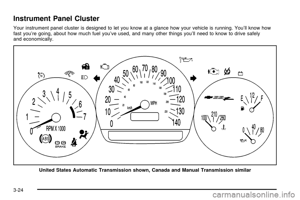 CHEVROLET SSR 2005 1.G Owners Manual Instrument Panel Cluster
Your instrument panel cluster is designed to let you know at a glance how your vehicle is running. Youll know how
fast youre going, about how much fuel youve used, and many CHEVROLET SSR 2005 1.G Owners Manual Instrument Panel Cluster
Your instrument panel cluster is designed to let you know at a glance how your vehicle is running. Youll know how
fast youre going, about how much fuel youve used, and many