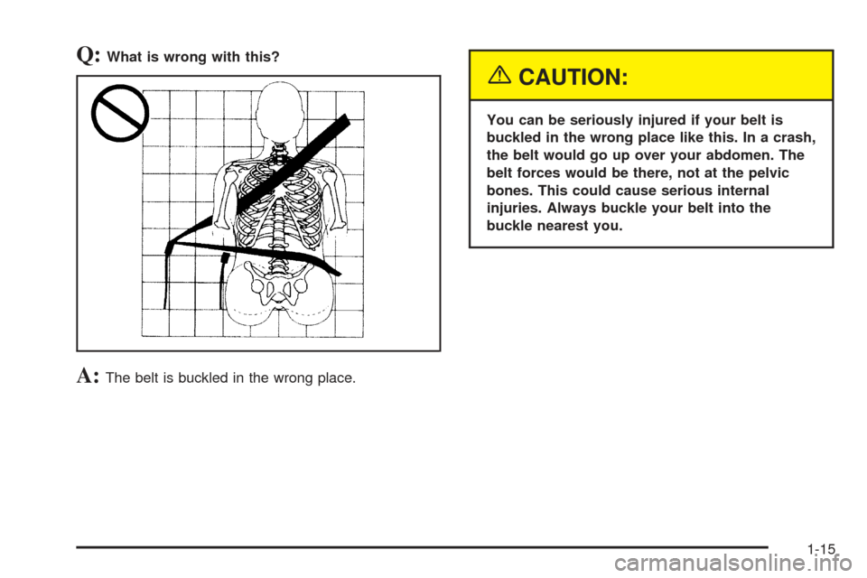 CHEVROLET SSR 2005 1.G Owners Manual Q:What is wrong with this?
A:The belt is buckled in the wrong place.
{CAUTION:
You can be seriously injured if your belt is
buckled in the wrong place like this. In a crash,
the belt would go up over CHEVROLET SSR 2005 1.G Owners Manual Q:What is wrong with this?
A:The belt is buckled in the wrong place.
{CAUTION:
You can be seriously injured if your belt is
buckled in the wrong place like this. In a crash,
the belt would go up over