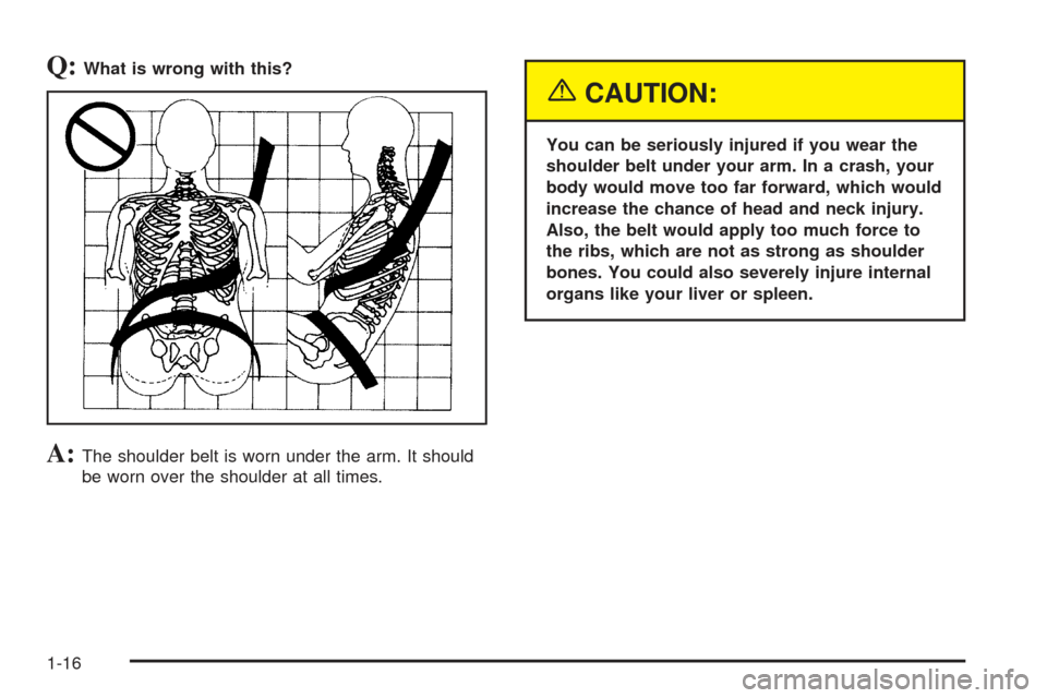 CHEVROLET SSR 2005 1.G Owners Manual Q:What is wrong with this?
A:The shoulder belt is worn under the arm. It should
be worn over the shoulder at all times.
{CAUTION:
You can be seriously injured if you wear the
shoulder belt under your 