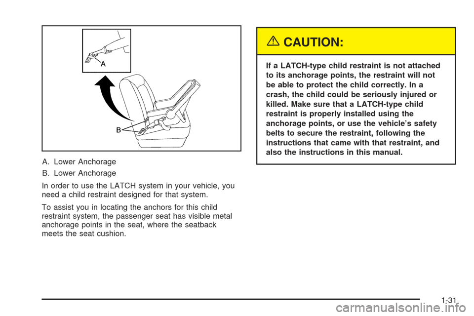 CHEVROLET SSR 2005 1.G Owners Guide A. Lower Anchorage
B. Lower Anchorage
In order to use the LATCH system in your vehicle, you
need a child restraint designed for that system.
To assist you in locating the anchors for this child
restra