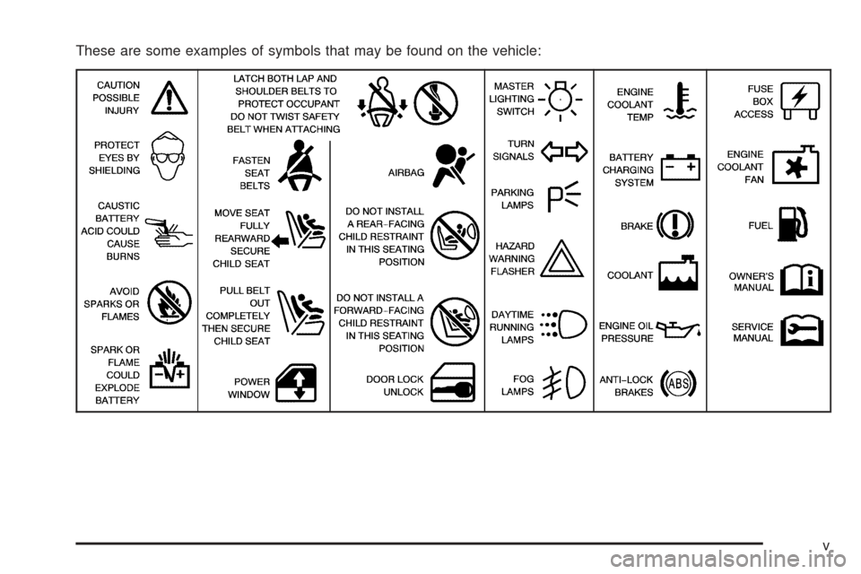 CHEVROLET SSR 2005 1.G Owners Manual These are some examples of symbols that may be found on the vehicle:
v 