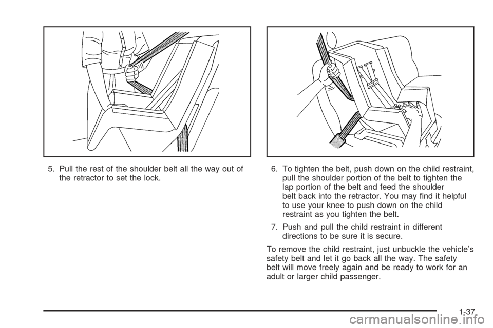 CHEVROLET SSR 2005 1.G Service Manual 5. Pull the rest of the shoulder belt all the way out of
the retractor to set the lock.6. To tighten the belt, push down on the child restraint,
pull the shoulder portion of the belt to tighten the
la