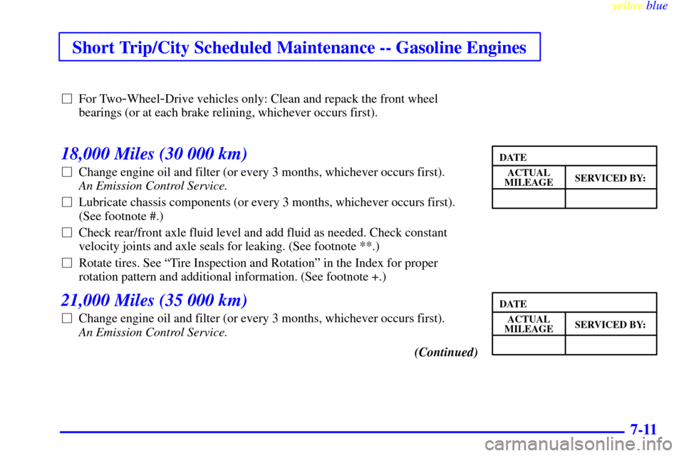 CHEVROLET SUBURBAN 1999 8.G Owners Manual Short Trip/City Scheduled Maintenance -- Gasoline Engines
yellowblue     
7-11
For Two-Wheel-Drive vehicles only: Clean and repack the front wheel
bearings (or at each brake relining, whichever occur