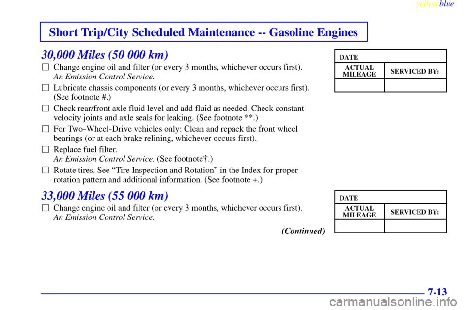 CHEVROLET SUBURBAN 1999 8.G Owners Manual Short Trip/City Scheduled Maintenance -- Gasoline Engines
yellowblue     
7-13
30,000 Miles (50 000 km)
Change engine oil and filter (or every 3 months, whichever occurs first). 
An Emission Control 