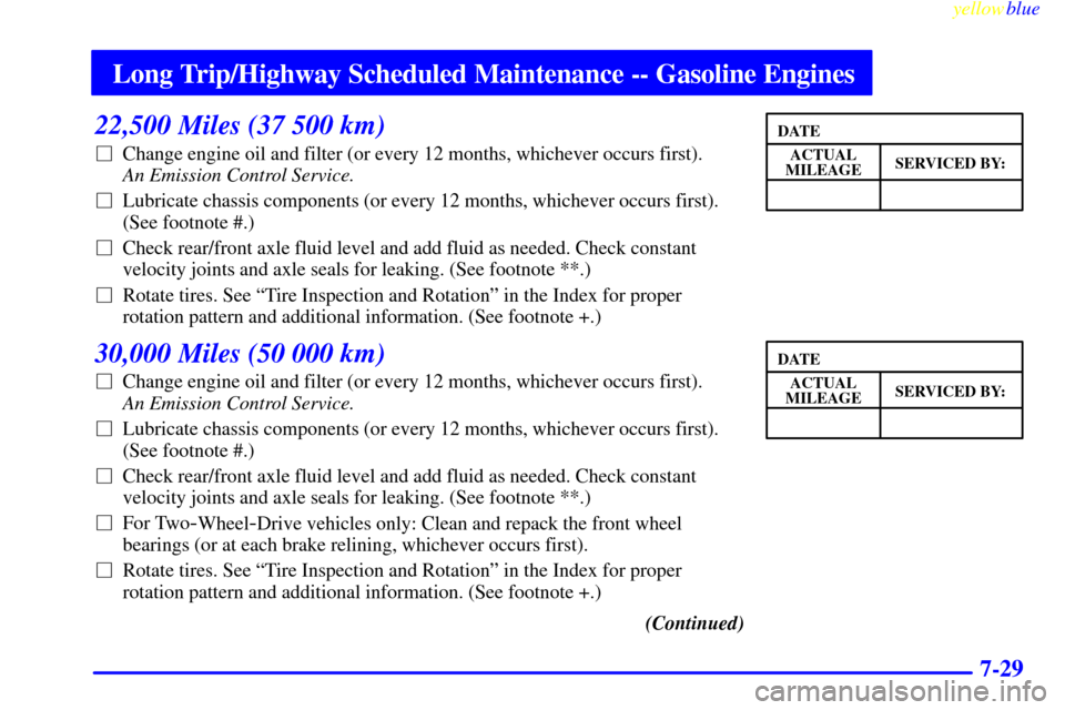 CHEVROLET SUBURBAN 1999 8.G Owners Manual Long Trip/Highway Scheduled Maintenance -- Gasoline Engines
yellowblue     
7-29
22,500 Miles (37 500 km)
Change engine oil and filter (or every 12 months, whichever occurs first). 
An Emission Contr