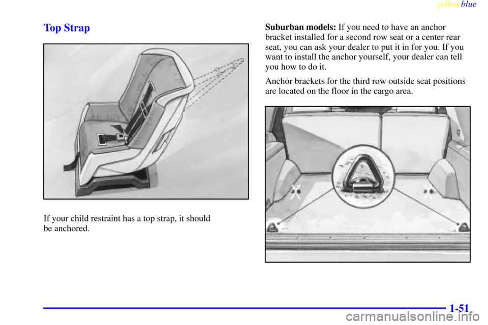 CHEVROLET SUBURBAN 1999 8.G Workshop Manual yellowblue     
1-51 Top Strap
If your child restraint has a top strap, it should 
be anchored.Suburban models: If you need to have an anchor
bracket installed for a second row seat or a center rear
s