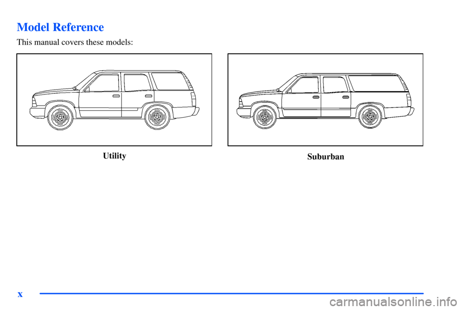 CHEVROLET SUBURBAN 2000 9.G User Guide x
Model Reference
This manual covers these models:
UtilitySuburban 