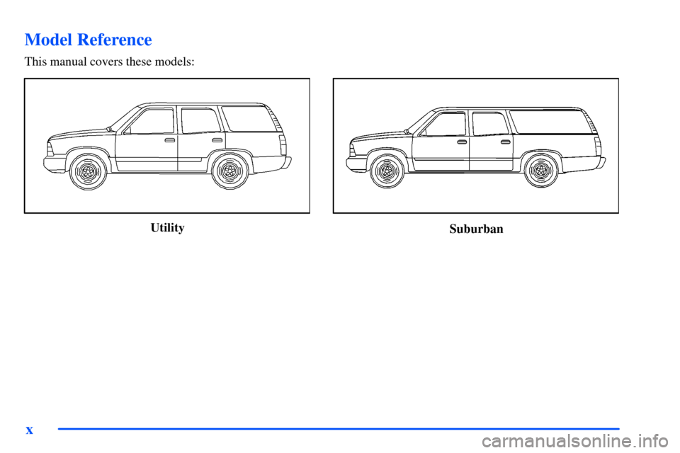 CHEVROLET SUBURBAN 2000 9.G User Guide x
Model Reference
This manual covers these models:
UtilitySuburban CHEVROLET SUBURBAN 2000 9.G User Guide x
Model Reference
This manual covers these models:
UtilitySuburban