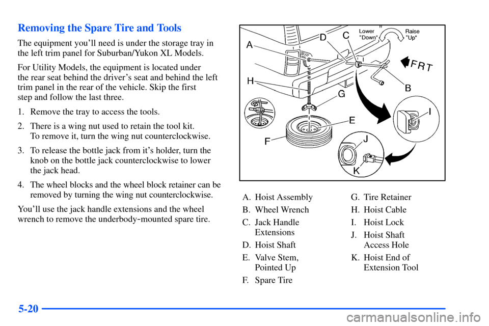 CHEVROLET SUBURBAN 2000 9.G Owners Manual 5-20 Removing the Spare Tire and Tools
The equipment youll need is under the storage tray in
the left trim panel for Suburban/Yukon XL Models.
For Utility Models, the equipment is located under
the CHEVROLET SUBURBAN 2000 9.G Owners Manual 5-20 Removing the Spare Tire and Tools
The equipment youll need is under the storage tray in
the left trim panel for Suburban/Yukon XL Models.
For Utility Models, the equipment is located under
the