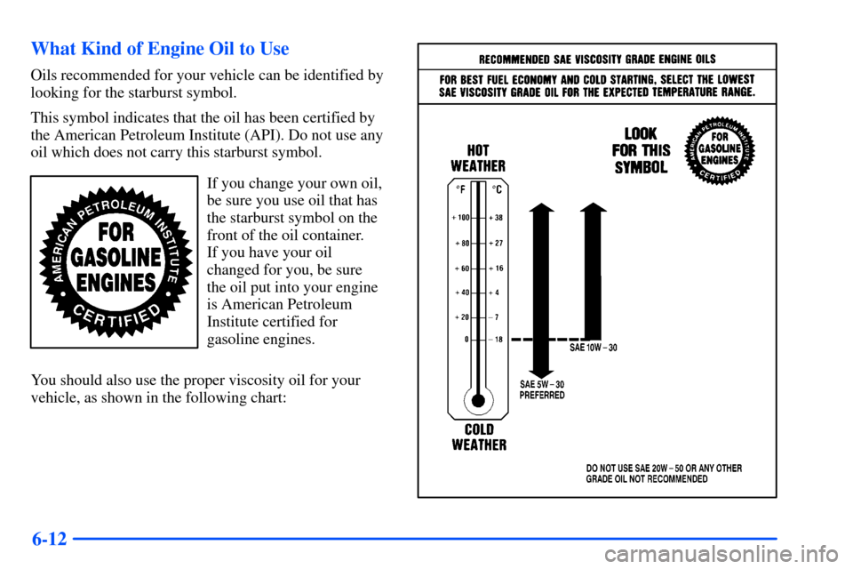 CHEVROLET SUBURBAN 2000 9.G Owners Manual 6-12 What Kind of Engine Oil to Use
Oils recommended for your vehicle can be identified by
looking for the starburst symbol.
This symbol indicates that the oil has been certified by
the American Petro