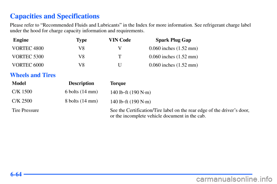 CHEVROLET SUBURBAN 2000 9.G Owners Manual 6-64
Capacities and Specifications
Please refer to ªRecommended Fluids and Lubricantsº in the Index for more information. See refrigerant charge label
under the hood for charge capacity information 