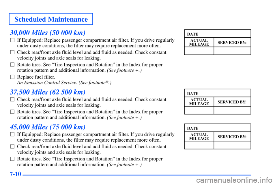 CHEVROLET SUBURBAN 2000 9.G Owners Manual Scheduled Maintenance
7-10
30,000 Miles (50 000 km)
If Equipped: Replace passenger compartment air filter. If you drive regularly
under dusty conditions, the filter may require replacement more often