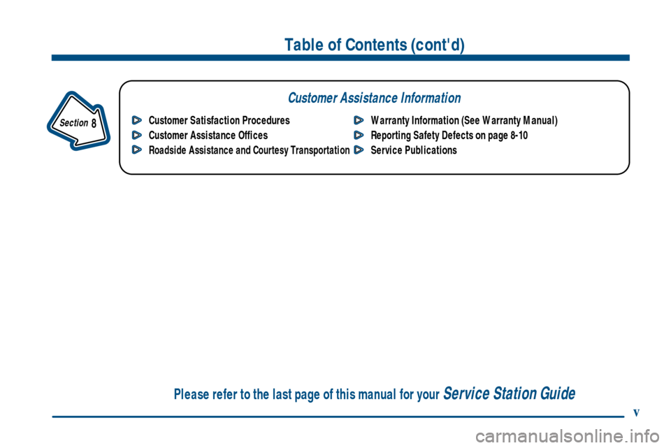 CHEVROLET SUBURBAN 2000 9.G Owners Manual v
Table of Contents (contd)
Customer Assistance Information
In the Index you will find an alphabetical listing of almost every subject in this manual. 
 You can use it to quickly find something you w