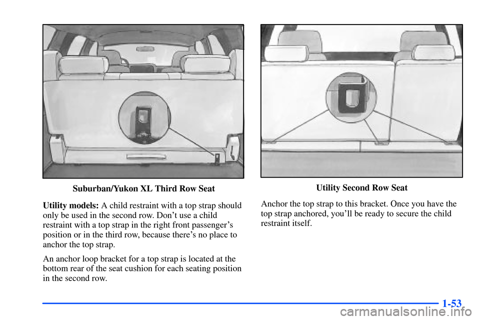 CHEVROLET SUBURBAN 2000 9.G Repair Manual 1-53
Suburban/Yukon XL Third Row Seat
Utility models: A child restraint with a top strap should
only be used in the second row. Dont use a child
restraint with a top strap in the right front passenge CHEVROLET SUBURBAN 2000 9.G Repair Manual 1-53
Suburban/Yukon XL Third Row Seat
Utility models: A child restraint with a top strap should
only be used in the second row. Dont use a child
restraint with a top strap in the right front passenge
