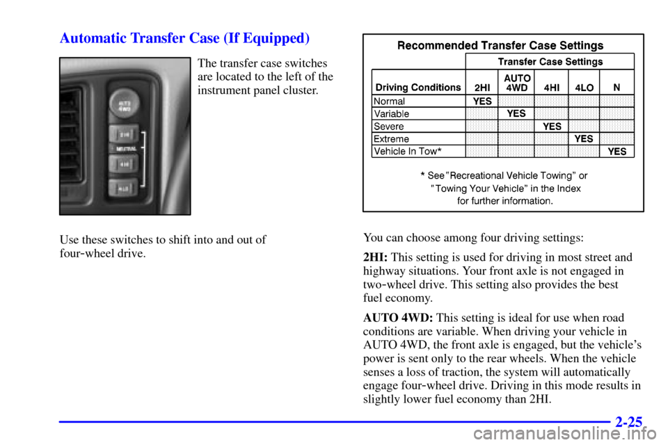 CHEVROLET SUBURBAN 2001 9.G Owners Manual 2-25 Automatic Transfer Case (If Equipped)
The transfer case switches
are located to the left of the
instrument panel cluster.
Use these switches to shift into and out of 
four
-wheel drive.
You can c