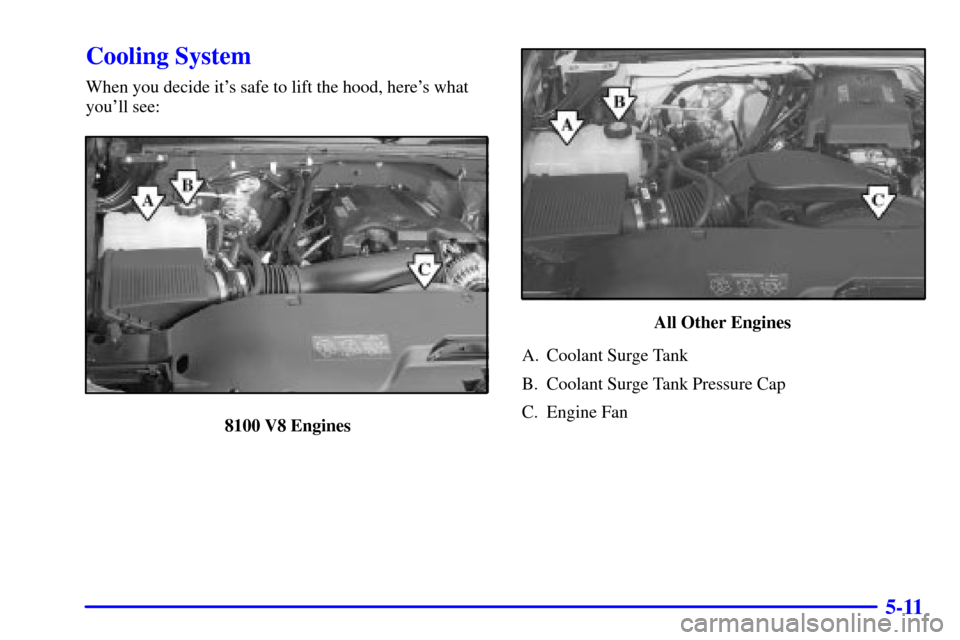 CHEVROLET SUBURBAN 2001 9.G Owners Manual 5-11
Cooling System
When you decide its safe to lift the hood, heres what
youll see:
8100 V8 Engines
All Other Engines
A. Coolant Surge Tank
B. Coolant Surge Tank Pressure Cap
C. Engine Fan CHEVROLET SUBURBAN 2001 9.G Owners Manual 5-11
Cooling System
When you decide its safe to lift the hood, heres what
youll see:
8100 V8 Engines
All Other Engines
A. Coolant Surge Tank
B. Coolant Surge Tank Pressure Cap
C. Engine Fan