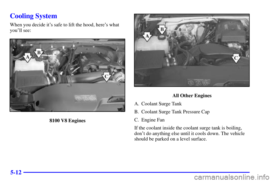CHEVROLET SUBURBAN 2002 9.G Owners Manual 5-12
Cooling System
When you decide its safe to lift the hood, heres what
youll see:
8100 V8 Engines
All Other Engines
A. Coolant Surge Tank
B. Coolant Surge Tank Pressure Cap
C. Engine Fan
If the CHEVROLET SUBURBAN 2002 9.G Owners Manual 5-12
Cooling System
When you decide its safe to lift the hood, heres what
youll see:
8100 V8 Engines
All Other Engines
A. Coolant Surge Tank
B. Coolant Surge Tank Pressure Cap
C. Engine Fan
If the
