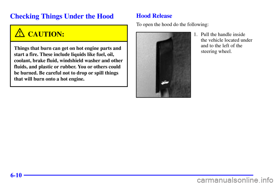 CHEVROLET SUBURBAN 2002 9.G Owners Manual 6-10
Checking Things Under the Hood
CAUTION:
Things that burn can get on hot engine parts and
start a fire. These include liquids like fuel, oil,
coolant, brake fluid, windshield washer and other
flui