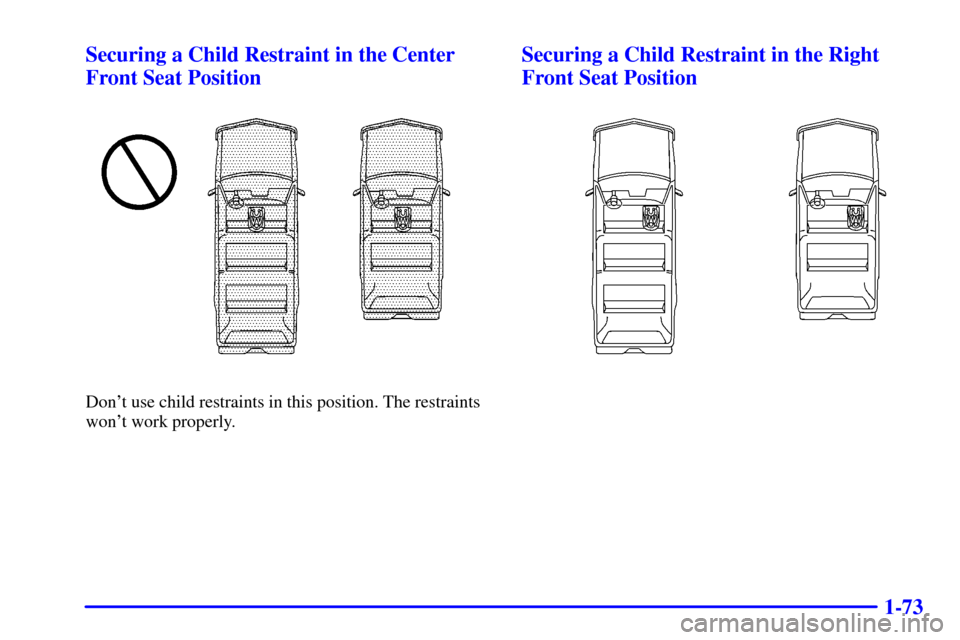CHEVROLET SUBURBAN 2002 9.G Manual PDF 1-73 Securing a Child Restraint in the Center
Front Seat Position
Dont use child restraints in this position. The restraints
wont work properly.
Securing a Child Restraint in the Right
Front Seat Po