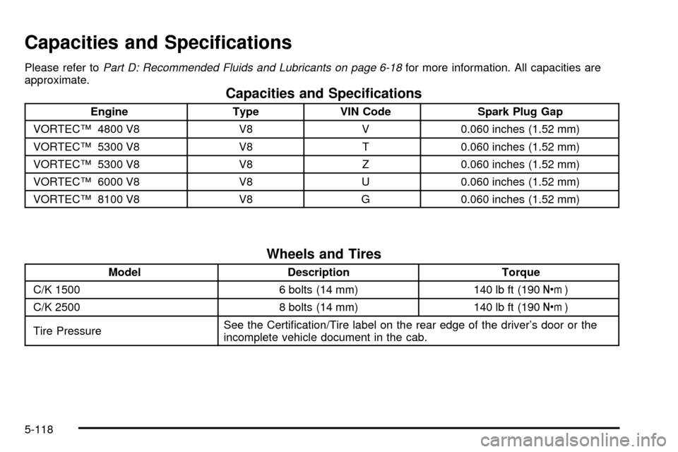 CHEVROLET SUBURBAN 2003 9.G Owners Manual Capacities and Speci®cations
Please refer toPart D: Recommended Fluids and Lubricants on page 6-18for more information. All capacities are
approximate.
Capacities and Speci®cations
Engine Type VIN C