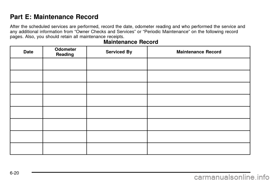 CHEVROLET SUBURBAN 2003 9.G Owners Manual Part E: Maintenance Record
After the scheduled services are performed, record the date, odometer reading and who performed the service and
any additional information from ªOwner Checks and Servicesº
