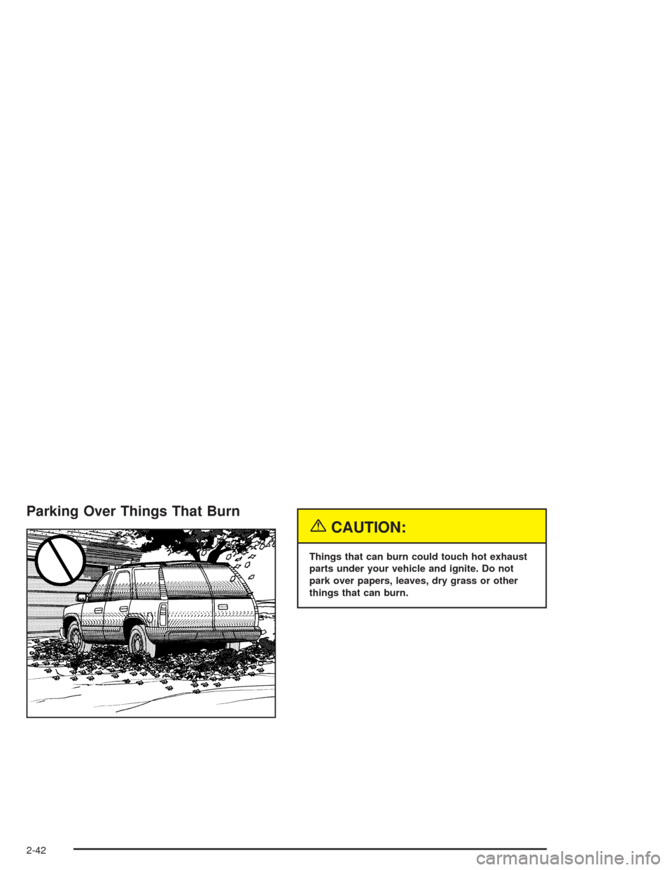CHEVROLET SUBURBAN 2004 9.G Owners Manual Parking Over Things That Burn
{CAUTION:
Things that can burn could touch hot exhaust
parts under your vehicle and ignite. Do not
park over papers, leaves, dry grass or other
things that can burn.
2-42