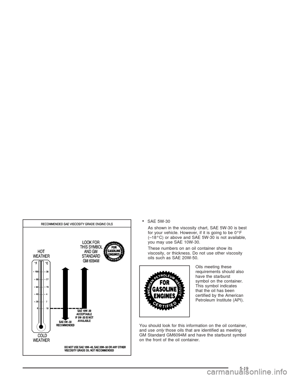 CHEVROLET SUBURBAN 2004 9.G Owners Manual SAE 5W-30
As shown in the viscosity chart, SAE 5W-30 is best
for your vehicle. However, if it is going to be 0°F
(–18°C) or above and SAE 5W-30 is not available,
you may use SAE 10W-30.
These num CHEVROLET SUBURBAN 2004 9.G Owners Manual SAE 5W-30
As shown in the viscosity chart, SAE 5W-30 is best
for your vehicle. However, if it is going to be 0°F
(–18°C) or above and SAE 5W-30 is not available,
you may use SAE 10W-30.
These num