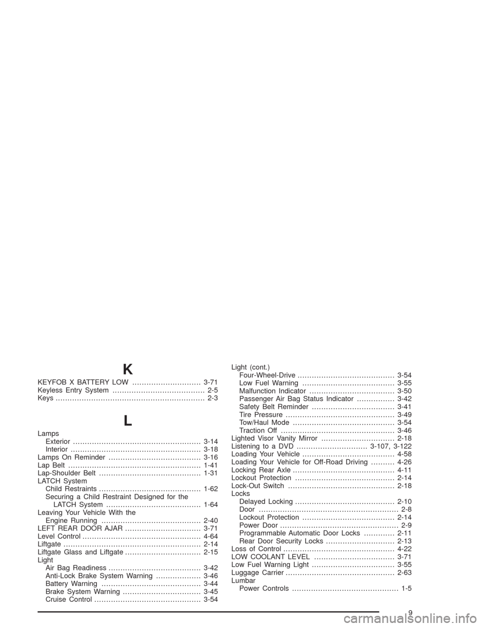 CHEVROLET SUBURBAN 2004 9.G Owners Manual K
KEYFOB X BATTERY LOW.............................3-71
Keyless Entry System....................................... 2-5
Keys............................................................... 2-3
L
Lamps
