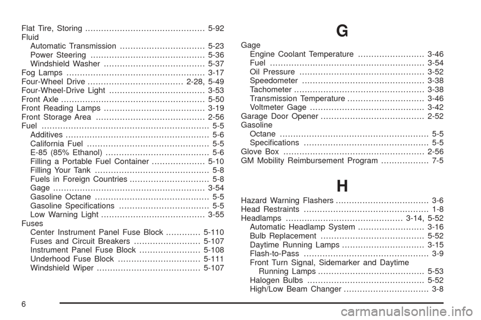 CHEVROLET SUBURBAN 2005 9.G Owners Manual Flat Tire, Storing.............................................5-92
Fluid
Automatic Transmission................................5-23
Power Steering...........................................5-36
Winds