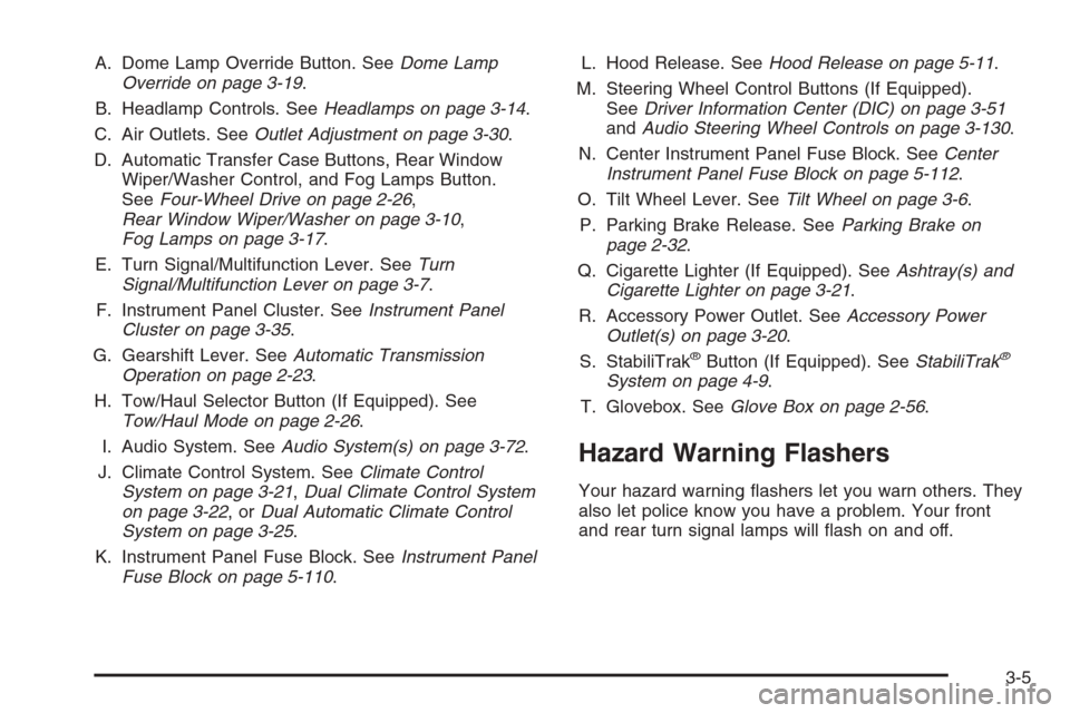 CHEVROLET SUBURBAN 2006 9.G Owners Manual A. Dome Lamp Override Button. SeeDome Lamp
Override on page 3-19.
B. Headlamp Controls. SeeHeadlamps on page 3-14.
C. Air Outlets. SeeOutlet Adjustment on page 3-30.
D. Automatic Transfer Case Buttons
