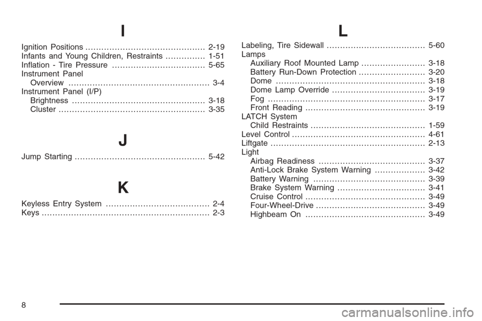 CHEVROLET SUBURBAN 2006 9.G Owners Manual I
Ignition Positions.............................................2-19
Infants and Young Children, Restraints...............1-51
In�ation - Tire Pressure...................................5-65
Instrume