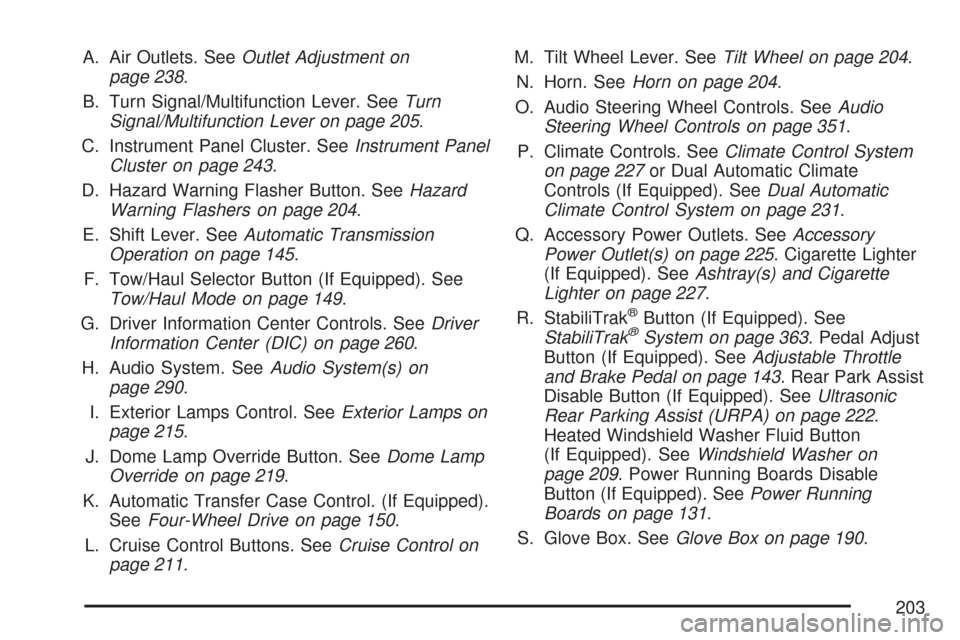 CHEVROLET SUBURBAN 2007 10.G Owners Manual A. Air Outlets. SeeOutlet Adjustment on
page 238.
B. Turn Signal/Multifunction Lever. SeeTurn
Signal/Multifunction Lever on page 205.
C. Instrument Panel Cluster. SeeInstrument Panel
Cluster on page 2