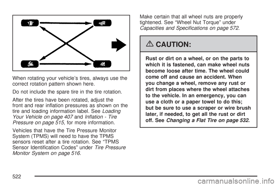 CHEVROLET SUBURBAN 2007 10.G Owners Manual When rotating your vehicle’s tires, always use the
correct rotation pattern shown here.
Do not include the spare tire in the tire rotation.
After the tires have been rotated, adjust the
front and re