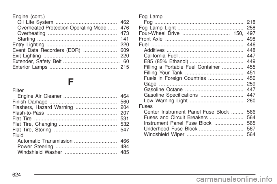 CHEVROLET SUBURBAN 2007 10.G Owners Manual Engine (cont.)
Oil Life System........................................ 462
Overheated Protection Operating Mode...... 476
Overheating............................................. 473
Starting.........