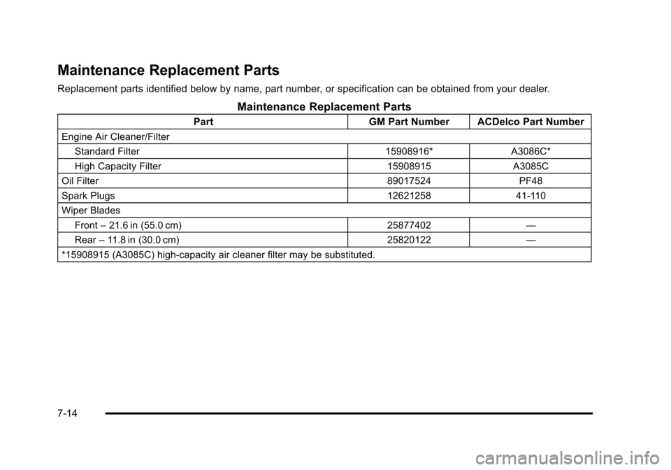 CHEVROLET SUBURBAN 2010 10.G Owners Manual Maintenance Replacement Parts
Replacement parts identified below by name, part number, or specification can be obtained from your dealer.
Maintenance Replacement Parts
PartGM Part Number ACDelco Part 