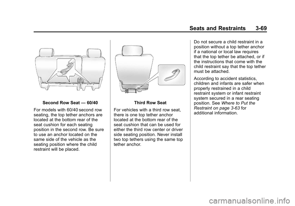 CHEVROLET SUBURBAN 2011 10.G Owners Manual Black plate (69,1)Chevrolet Tahoe/Suburban Owner Manual - 2011
Seats and Restraints 3-69
Second Row Seat—60/40
For models with 60/40 second row
seating, the top tether anchors are
located at the bot