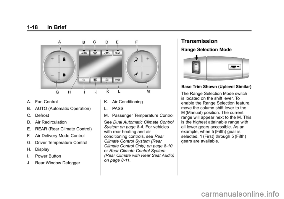 CHEVROLET SUBURBAN 2011 10.G Owners Manual Black plate (18,1)Chevrolet Tahoe/Suburban Owner Manual - 2011
1-18 In Brief
A. Fan Control
B. AUTO (Automatic Operation)
C. Defrost
D. Air Recirculation
E. REAR (Rear Climate Control)
F. Air Delivery