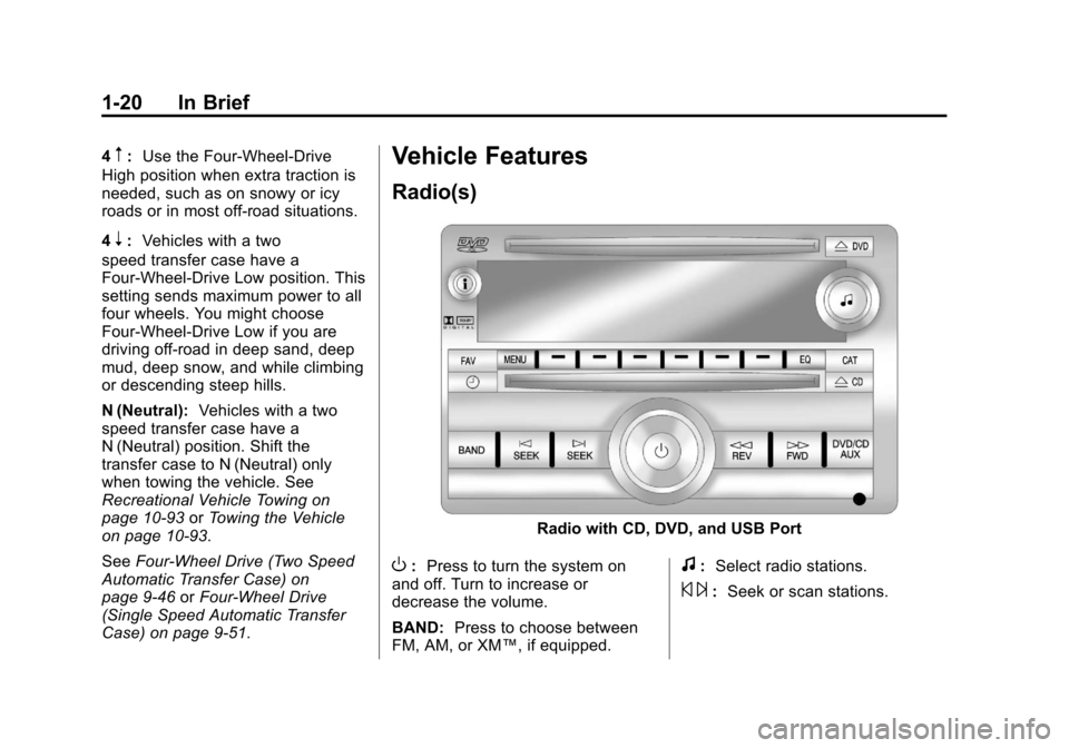 CHEVROLET SUBURBAN 2011 10.G Owners Manual Black plate (20,1)Chevrolet Tahoe/Suburban Owner Manual - 2011
1-20 In Brief
4m:Use the Four-Wheel-Drive
High position when extra traction is
needed, such as on snowy or icy
roads or in most off-road 