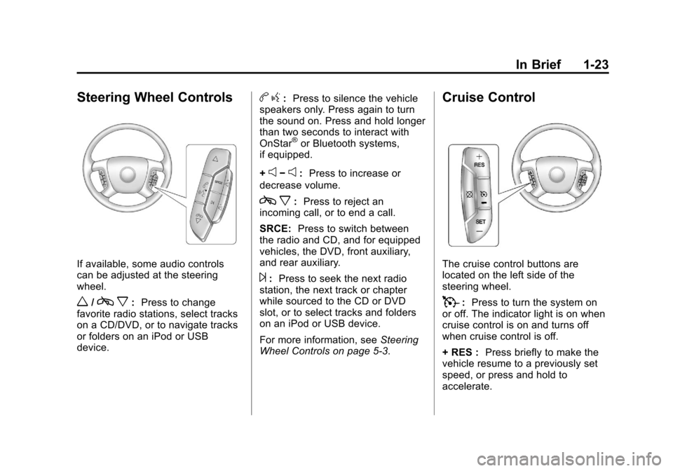 CHEVROLET SUBURBAN 2011 10.G Owners Manual Black plate (23,1)Chevrolet Tahoe/Suburban Owner Manual - 2011
In Brief 1-23
Steering Wheel Controls
If available, some audio controls
can be adjusted at the steering
wheel.
w/cx:Press to change
favor CHEVROLET SUBURBAN 2011 10.G Owners Manual Black plate (23,1)Chevrolet Tahoe/Suburban Owner Manual - 2011
In Brief 1-23
Steering Wheel Controls
If available, some audio controls
can be adjusted at the steering
wheel.
w/cx:Press to change
favor