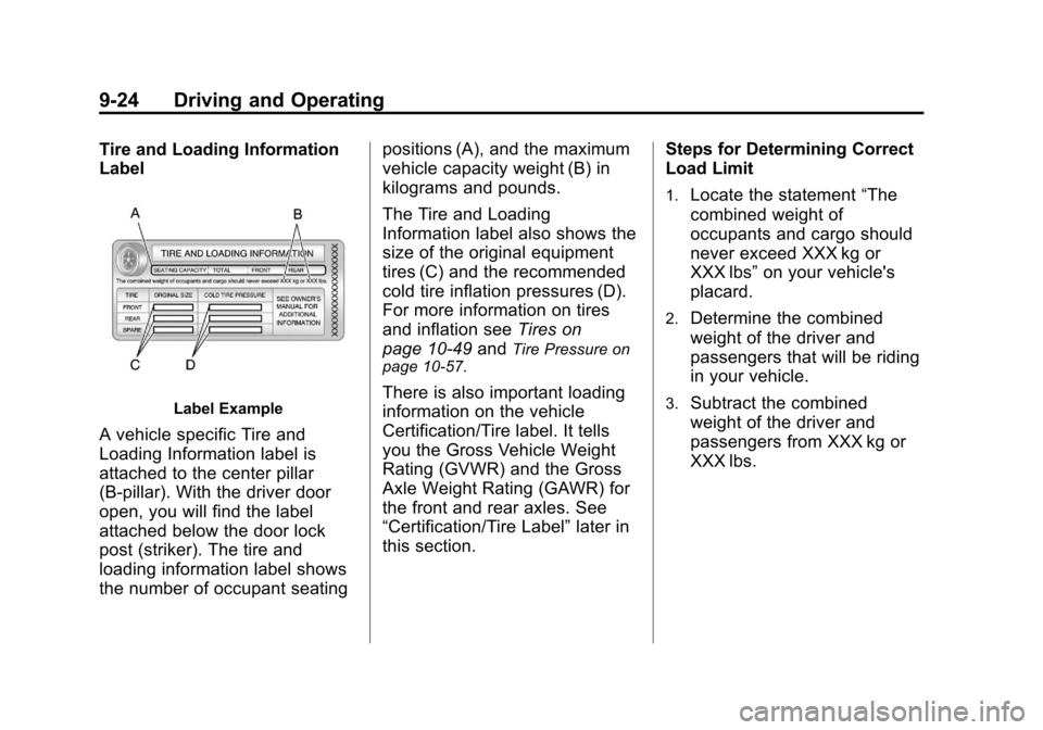 CHEVROLET SUBURBAN 2011 10.G Owners Manual Black plate (24,1)Chevrolet Tahoe/Suburban Owner Manual - 2011
9-24 Driving and Operating
Tire and Loading Information
Label
Label Example
A vehicle specific Tire and
Loading Information label is
atta