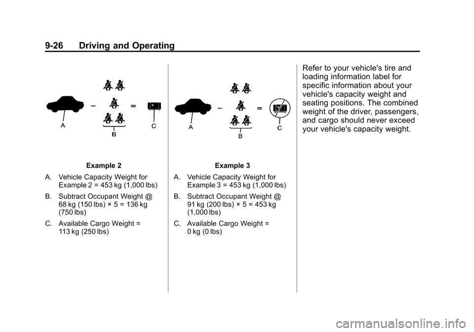 CHEVROLET SUBURBAN 2011 10.G Owners Manual Black plate (26,1)Chevrolet Tahoe/Suburban Owner Manual - 2011
9-26 Driving and Operating
Example 2
A. Vehicle Capacity Weight for Example 2 = 453 kg (1,000 lbs)
B. Subtract Occupant Weight @ 68 kg (1