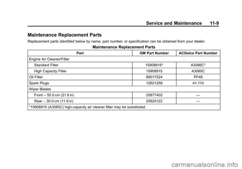 CHEVROLET SUBURBAN 2011 10.G Owners Manual Black plate (9,1)Chevrolet Tahoe/Suburban Owner Manual - 2011
Service and Maintenance 11-9
Maintenance Replacement Parts
Replacement parts identified below by name, part number, or specification can b