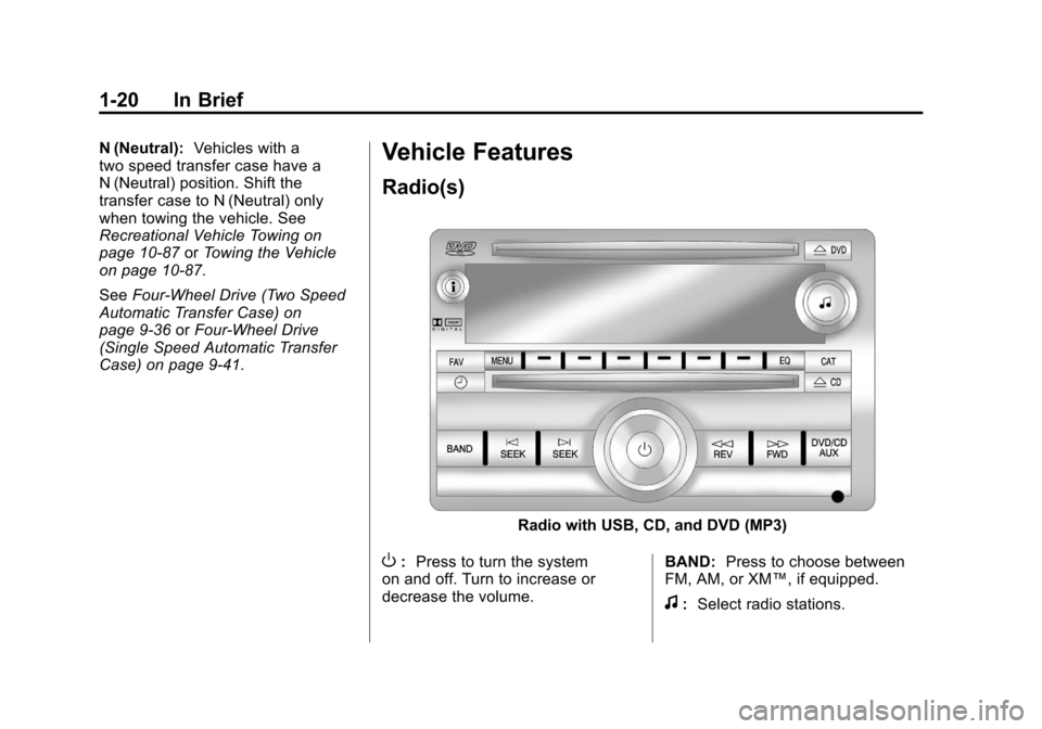 CHEVROLET SUBURBAN 2012 10.G Owners Manual Black plate (20,1)Chevrolet Tahoe/Suburban Owner Manual - 2012
1-20 In Brief
N (Neutral):Vehicles with a
two speed transfer case have a
N (Neutral) position. Shift the
transfer case to N (Neutral) onl