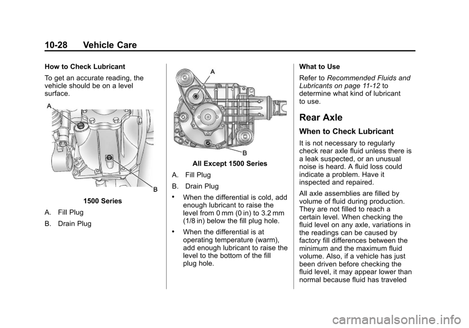 CHEVROLET SUBURBAN 2012 10.G Owners Manual Black plate (28,1)Chevrolet Tahoe/Suburban Owner Manual - 2012
10-28 Vehicle Care
How to Check Lubricant
To get an accurate reading, the
vehicle should be on a level
surface.
1500 Series
A. Fill Plug
