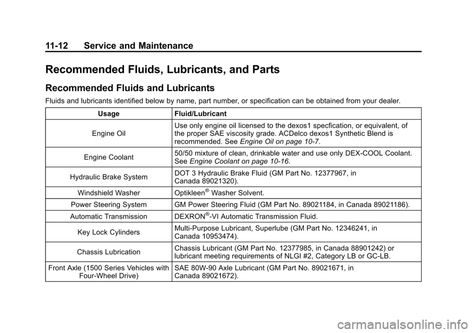 CHEVROLET SUBURBAN 2012 10.G Owners Manual Black plate (12,1)Chevrolet Tahoe/Suburban Owner Manual - 2012
11-12 Service and Maintenance
Recommended Fluids, Lubricants, and Parts
Recommended Fluids and Lubricants
Fluids and lubricants identifie