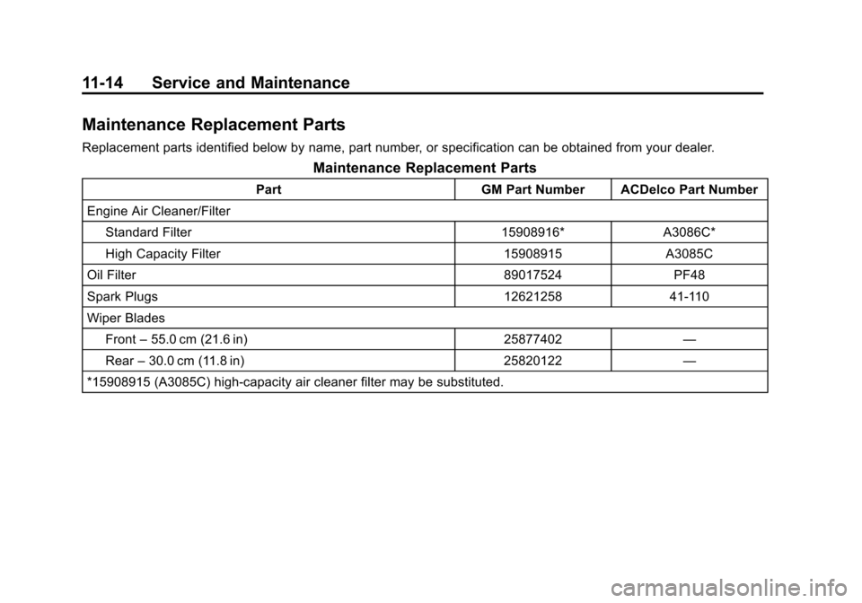 CHEVROLET SUBURBAN 2012 10.G Owners Manual Black plate (14,1)Chevrolet Tahoe/Suburban Owner Manual - 2012
11-14 Service and Maintenance
Maintenance Replacement Parts
Replacement parts identified below by name, part number, or specification can
