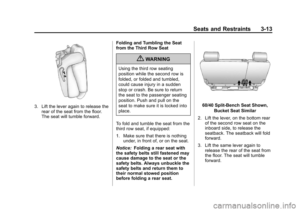 CHEVROLET SUBURBAN 2012 10.G Repair Manual Black plate (13,1)Chevrolet Tahoe/Suburban Owner Manual - 2012
Seats and Restraints 3-13
3. Lift the lever again to release therear of the seat from the floor.
The seat will tumble forward. Folding an CHEVROLET SUBURBAN 2012 10.G Repair Manual Black plate (13,1)Chevrolet Tahoe/Suburban Owner Manual - 2012
Seats and Restraints 3-13
3. Lift the lever again to release therear of the seat from the floor.
The seat will tumble forward. Folding an